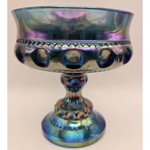 Vintage Blue Iridescent Carnival Glass Kings Crown Thumbprint Compote/Candy Dish
